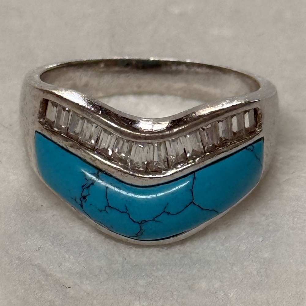 Sterling Silver Turquoise and Cubic Zirconia Inlay Ring Size 8